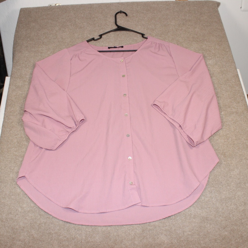 Adrienne Vittadini Mauve Pink Button Down Blouse 2X Textured Crepe 3/4 Sleeve